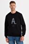 Unisex Relax Fit Relaxed Cut Cotton Soft Textured Crew Neck Underwear Fleece Printed Black Sweatshirt - 2