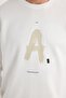 Unisex Relax Fit Comfortable Cut Cotton Soft Textured Crew Neck Underwear Fleece Printed Ecru Sweatshirt - 3