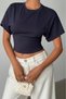 Women's Navy Blue Bat Sleeve Waist Seat Cotton T-Shirt