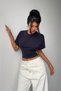 Women's Navy Blue Bat Sleeve Waist Seat Cotton T-Shirt - 6