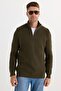 Men's Slim Fit Slim Fit Zippered Khaki Stand Collar Knitwear Sweater - 5
