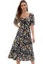 Women's Midi Length A-Line Viscose Dress Floral Pattern Balloon Sleeve Daily Use Modern Design
