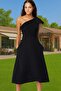Women's Asymmetrical Collar One Sleeve Midi Evening Dress with Bow A-Line Woven Summer Essential - 2