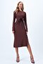Women's Bitter Brown Crew Neck Lacing Detailed Double Slit Sandy Dress Alc-X14370 - 5