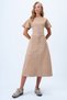 Women's Beige Boat Neck Hidden Zipper Suede Leather Dress with Clamp and Stitching Detail Alc-X14405 - 3