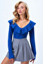 Women's Cobalt Blue V-Neck Flounced Soft Textured Blouse Alc-X14364