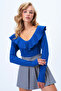Women's Cobalt Blue V-Neck Flounced Soft Textured Blouse Alc-X14364 - 2