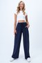 Women's Navy Blue Double Pocket Elastic Waist Faux Suede Palazzo Trousers Alc-X14424 - 2