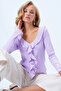 Women's Lilac V-Neck Front Ruffle Detailed Knitted Blouse Alc-X14363 - 3