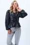 Women's Black Princess Sleeve Tie Detail Skirt Ruffled Faux Leather Blouse Alc-X14418 - 3