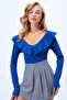 Women's Cobalt Blue V-Neck Flounced Soft Textured Blouse Alc-X14364 - 3