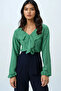Women's Green V-Neck Ruffle Front Blouse Alc-X14361