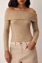Bej Yumoş Düşük Omuzlu Carmen Yaka Fitted/Vücuda Oturan Örme Bluz TWOAW26BZ00081 - 3