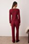 Bordo Pamuk Karışımlı Dantelli ve Kurdele/Fiyonk Detaylı Fitilli Örme Pijama Takımı THMAW25PT00044 - 4