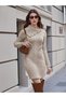 Women's Knitwear Mink Dress Tunic Long Sleeve Hair Knit Turtleneck Handkerchief Collar Hair Knit Button Detailed Sand - 4