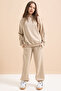 Beige Heart Patterned Hooded Girl's Tracksuit Set 21254 - 2