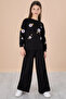 Black Flower Embroidered Wide Leg Girl's Tracksuit Set 20191