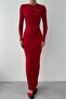 Red Stretch Fabric Transparent Detailed Long Sleeve Back Slit Maxi Evening Dress 275