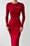 Red Stretch Fabric Transparent Detailed Long Sleeve Back Slit Maxi Evening Dress 275 - 6
