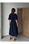 Women's V-Neck Navy Blue Muslin Fabric Short Sleeve Dress - 8