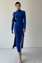 Women's Cobalt Blue Atlas Fabric Half Turtleneck Double Slit Midi Evening Dress 339
