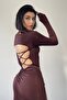 Women's Stretchy Sandy Fabric Back Drawstring and Low-Cut Lace-Up Hand-Held Midi Brown Dress 328 - 6