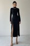 Women's Atlas Fabric Half Turtleneck Double Slit Design Black Midi Dress 339 - 8
