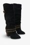 Women's Gold Trock Belt Detailed Heeled Daily Boots Oslos Black Suede