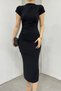 Women's black sandy fabric shirred design stand collar short sleeve midi dress 12470 - 8