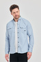 Men's Shirt Cotton Slim Fit Long Sleeve Light Blue Men's Shirt with Pockets - 6