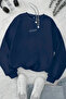 Unisex Navy Blue Travel Printed Crew Neck Sweatshirt - Winter Embossed Fabric