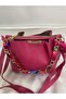Women's Soft Leather 3-Compartment Hand, Arm, and Shoulder Bag with Scarf and Chain Accents and Gold Details - 3