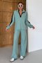Women's Mint Green V Neck Black Line Detail Sweater Bottom-Top Pants Suit - 4