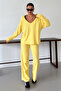 Women's Yellow Wide V Neck Long Sleeve Bottom-Top Pants Suit - 3