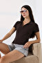 Relax Fit Comfortable Cut Cotton Rib Knit Shirt Collar Short Sleeve Basic Women's T-Shirt 22023 BROWN - 3