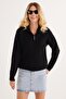 Women's Oversize Wide Cut Woven Zipper Collar Black Sweater - 5