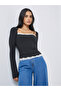 Black Square Neck Long Sleeve Knit Top
