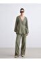 Khaki Double-Breasted Collar Textured Muslin Women's Kimono - 2