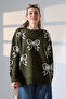 Round Neck Long Sleeve Bow Tie Bow Pattern Jacquard Panel Pearl Detail Knitwear Winter Sweater - 5