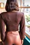 Women's Aci Brown Deep Decolletage Waistband Crop Blouse - 4
