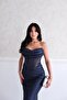 Navy Blue Bead Embroidered Strapless Sheer Detail Mermaid Evening Dress - 3