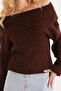 Women's Regular Fit Classic Cut Long Sleeve Off-The-Shoulder Brown Sweater - 3