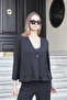 Women's Silky Textured Stone Printed Stretch Fabric V Neck Pocket Button Jacket Cardigan-Black