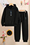 Children's Black Tracksuit Set-Marine Figure Printed-Embossed Fabric