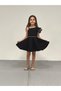 Girl's Evening Dress Black Short One Shoulder Rose Detailed Crepe Fabric Evening Dress 5-10 Years