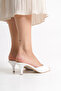 White Patent Leather Women's Kitten Heeled Slippers with Pointed Toe - 2