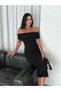 Women's Black Madonna Collar Off-Shoulder Body-Hugging Sandy Fabric Midi Length Invitation Dress - 2