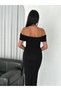 Women's Black Madonna Collar Off-Shoulder Body-Hugging Sandy Fabric Midi Length Invitation Dress - 5