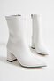 Women's Skin White Pointed Toe Mid-Heel Boots