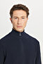 Men's Navy Blue Cotton Zippered Bato Collar Jacquard Standard Fit Regular Cut Knitwear Sweater - 4